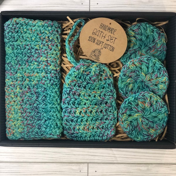 Crochet Spa Gift Set, Handmade, 100% Cotton 3 piece set, Gift Set, Self Care Gift Set, Reusable & Eco-friendly, Women Gifts, For Her.