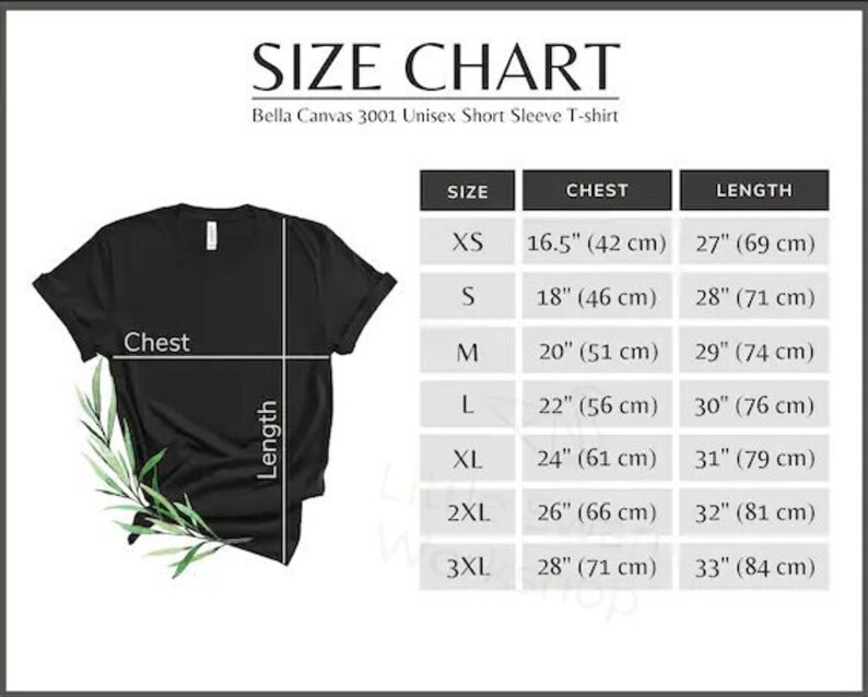 Puede incluir: Tabla de tallas para una camiseta de manga corta unisex Bella Canvas 3001. La tabla muestra las medidas de pecho y largo en pulgadas y cent&iacute;metros para las tallas XS a 3XL.