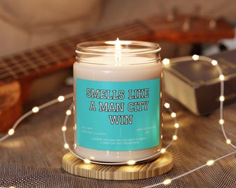 Vela con aroma a victoria, regalo del Manchester City, vela de fútbol del City, regalo para el día del partido para él, regalo para el aficionado del MCFC, vela aromática de la Premier League