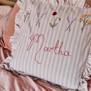 Custom Hand Embroidered Stripe Ruffle Cushion - personalised name, floral embroidery, birthday gift, wedding present , nursery, new baby