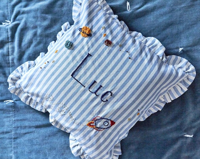 Hand Embroidered Space Themed Nursery Cushion | Personalised | Boys Room | Baby Pillow
