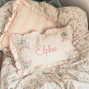 Embroidered Floral pillow -  hand embroidered personalisation - linen with pink frill trim