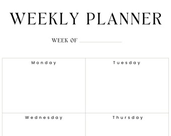 May include: A weekly planner with a blank space for the week of, followed by a grid of seven days of the week: Monday, Tuesday, Wednesday, Thursday, Friday, Saturday, and Sunday. The last column is labelled "Top Priorities".