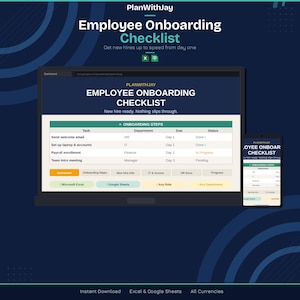 May include: A digital Employee Onboarding Checklist template displayed on a laptop screen and a smartphone. The interface features a table with columns for Task, Department, Due, and Status, with navigation buttons for Dashboard, Onboarding Steps, and more.