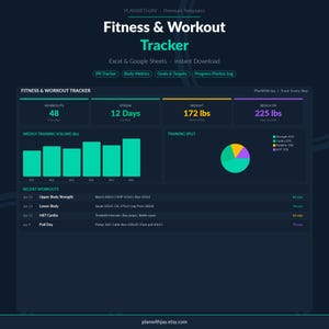 Könnte beinhalten: Ein digitales Fitness- und Workout-Tracker-Dashboard für Excel und Google Sheets. Die dunkle Benutzeroberfläche zeigt Metriken wie 48 Workouts, eine 12-Tage-Serie, 172 lbs Gewicht und einen 225 lbs Bankdrück-Rekord sowie Diagramme und Trainingsprotokolle.