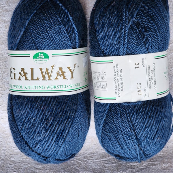 Plymouth Galway worsted wool yarn.  Sold in lots of two skeins, available in deep navy.