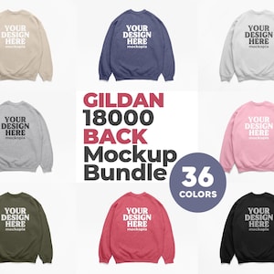May include: A mockup bundle of Gildan 18000 sweatshirts in various colors, including beige, navy, white, gray, pink, olive green, red, and black. Each sweatshirt displays the text "YOUR DESIGN HERE" on the back.