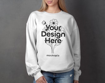Gildan 18000 Mockup White, White Gildan 18000 Model Mockup, G180 Woman Studio Mockup, Gildan Heavy Blend Unisex Sweatshirt Mockup
