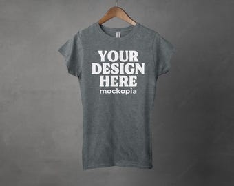 64000L Mockup Dark Heather, Women Shirt 64000L Mockup, Gildan 64000L Dark Heather T-Shirt Hanging Mockup, Women T Shirt Mock