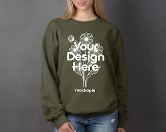 Military Green Gildan 18000 Mockup, Gildan 18000 Military Green Model Mockup, G180 Woman Studio Mockup, Gildan Heavy Blend Sweatshirt Mockup