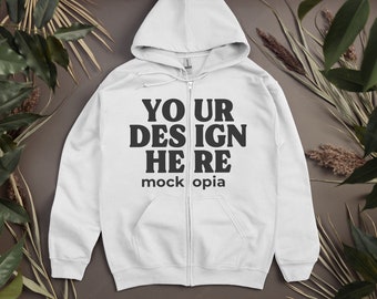 Gildan 18600 White Mockup, White Gildan 18600 Zip Hoodie Mockup, G186 Flat Lay Mockup, Gildan Heavy Blend Unisex Zipup Hoodie Mock Up