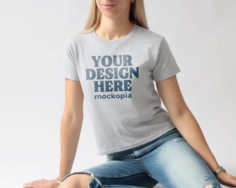 Gildan 5000B Ash Mockup, Ash Grey Gildan 5000B Baby Tee Model Mockup, G500B Woman Mockup, Real Model Studio Mockup