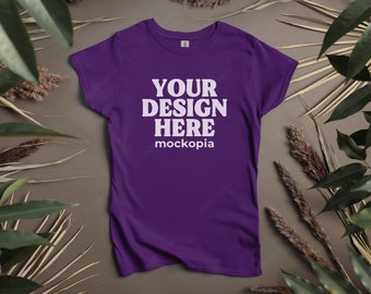 Gildan 64000L Mockup, Purple 64000L Mockup, Gildan 64000L Purple T-Shirt Flat Lay Mockup, Women T Shirt Mock