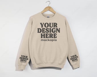 Gildan 18000 Mockup Sand, Gildan 18000 Sleeve Mockup, G180 Hanging Sleeve Mockup, Gildan Heavy Blend Unisex Sweatshirt Mockup