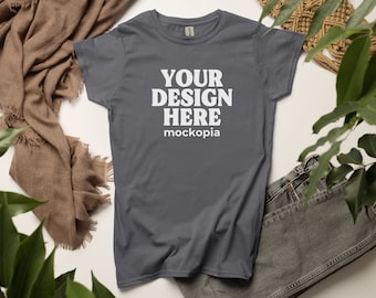 64000L Mockup Charcoal, Gildan Women Shirt 64000L Mockup, 64000L Grey T-Shirt Flat Lay Mockup, Women T Shirt Mock