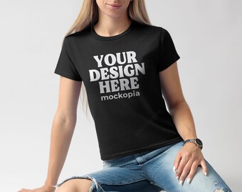Gildan 5000B Black Mockup, Black Gildan 5000B Baby Tee Model Mockup, G500B Woman Mockup, Real Model Studio Mockup