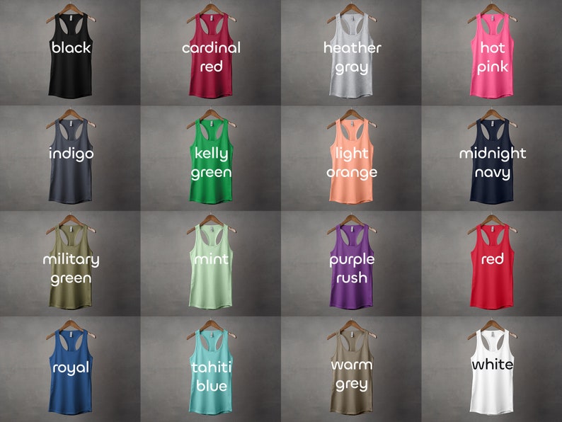 K&ouml;nnte beinhalten: Eine Tabelle mit 16 verschiedenen Tanktops in unterschiedlichen Farben, wobei der Farbname unter jedem Tanktop aufgedruckt ist.