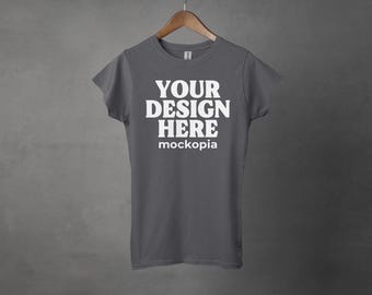 64000L Mockup Charcoal, Gildan Women Shirt 64000L Mockup, 64000L Grey T-Shirt Hanging Mockup, Women T Shirt Mock