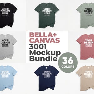 May include: A collection of Bella+Canvas 3001 t-shirt mockups in various colors, including black, green, gray, and blue. Each shirt displays the text "YOUR DESIGN HERE" and "mockopia". The image also includes a graphic that says "36 COLORS".