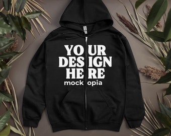 Gildan 18600 Zip Hoodie Mockup, Black Gildan 18600 Mockup, G186 Flat Lay Mockup, Gildan Heavy Blend Unisex Zipup Hoodie Mock Up