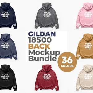 Könnte beinhalten: Ein Mockup-Bundle von Gildan 18500 Hoodies in verschiedenen Farben, darunter Marineblau, Grau, Rosa und Beige. Jeder Hoodie zeigt "YOUR DESIGN HERE" auf dem Rücken und den Ärmeln. Der Text "GILDAN 18500 BACK Mockup Bundle 36 COLORS" ist ebenfalls enthalten.