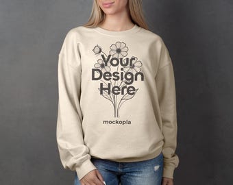Gildan 18000 Mockup Sand, Sand Gildan 18000 Model Mockup, G180 Woman Studio Mockup, Gildan Heavy Blend Unisex Sweatshirt Mockup