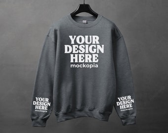 Gildan 18000 Sleeve Mockup Dark Heather, Dark Heather Gildan 18000 Sleeve Mockup, G180 Hanging Sleeve Mockup, Gildan Blend Sweatshirt Mockup