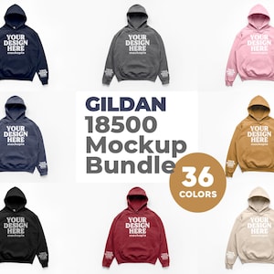 May include: A mockup bundle of Gildan 18500 hoodies in various colors, including navy, gray, pink, and black. Each hoodie features the text "YOUR DESIGN HERE" on the front and sleeve. The image also includes the text "36 COLORS".