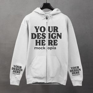 Gildan 18600 White Mockup, White Gildan 18600 Sleeve Mockup, G186 Hanging Mockup, Gildan Heavy Blend Unisex Zipup Hoodie Mock Up