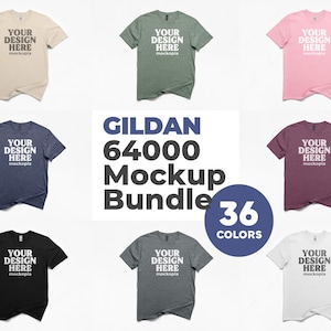 May include: A mockup bundle of Gildan 64000 t-shirts in various colors, including beige, green, pink, navy, burgundy, black, gray, and white. Each shirt displays "YOUR DESIGN HERE" text. The image also includes the text "GILDAN 64000 Mockup Bundle 36 COLORS".