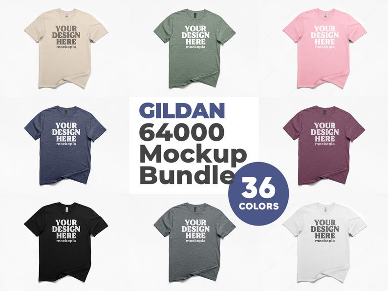 May include: A mockup bundle of Gildan 64000 t-shirts in various colors, including beige, green, pink, navy, burgundy, black, gray, and white. Each shirt displays "YOUR DESIGN HERE" text. The image also includes the text "GILDAN 64000 Mockup Bundle 36 COLORS".