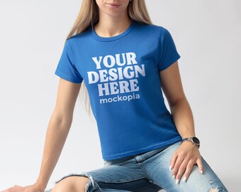 Gildan 5000B Royal Mockup, Royal Blue Gildan 5000B Baby Tee Model Mockup, G500B Woman Mockup, Real Model Studio Mockup
