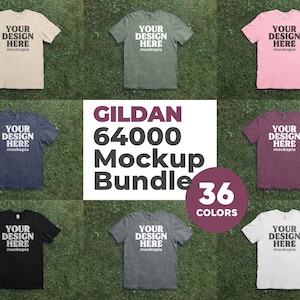 Peut inclure: Un ensemble de maquettes présentant neuf t-shirts Gildan 64000 de différentes couleurs, dont beige, vert, rose, marine, bordeaux, noir, gris et blanc. Chaque t-shirt affiche le texte "YOUR DESIGN HERE" et "mockopia". L'image comprend également un graphique indiquant 36 couleurs.