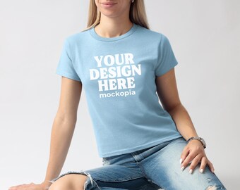 Gildan 5000B Light Blue Mockup, Light Blue Gildan 5000B Baby Tee Model Mockup, G500B Woman Mockup, Real Model Studio Mockup