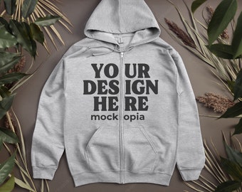 Gildan 18600 Sport Grey Zip Hoodie Mockup, Sport Grey Gildan 18600 Mockup, G186 Flat Lay Mockup, Gildan Heavy Blend Unisex Zipup Hoodie Mock
