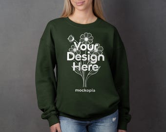 Forest Green Gildan 18000 Mockup, Gildan 18000 Forest Green Model Mockup, G180 Woman Studio Mockup, Gildan Heavy Blend Sweatshirt Mockup
