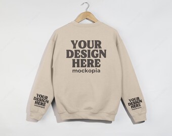Gildan 18000 Back Mockup Sand, Gildan 18000 Back Sleeve Mockup, G180 Hanging Sleeve Mockup, Gildan Heavy Blend Unisex Sweatshirt Mockup
