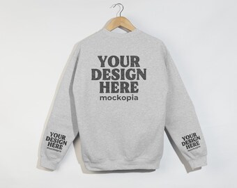 Gildan 18000 Back Mockup Ash, Gildan 18000 Sleeve Mockup, G180 Hanging Sleeve Mockup, Gildan Heavy Blend Unisex Sweatshirt Mockup