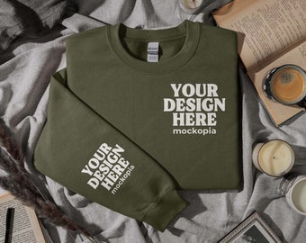 Gildan 18000 Sleeve Mockup Military Green, Gildan 18000 Sleeve Mockup, G180 Flat Lay Sleeve Mockup, Gildan 18000 Hygge Sweatshirt Mockup