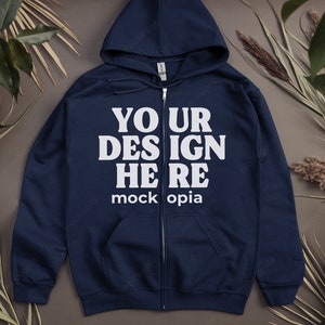 Gildan 18600 Navy Mockup, Navy Gildan 18600 Zip Hoodie Mockup, G186 Flat Lay Mockup, Gildan Heavy Blend Unisex Zipup Hoodie Mock Up