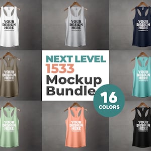 K&ouml;nnte beinhalten: Ein Mockup-Paket mit 16 verschiedenen Tanktops in unterschiedlichen Farben. Jedes Tanktop hat den Text "YOUR DESIGN HERE" auf der Vorderseite.