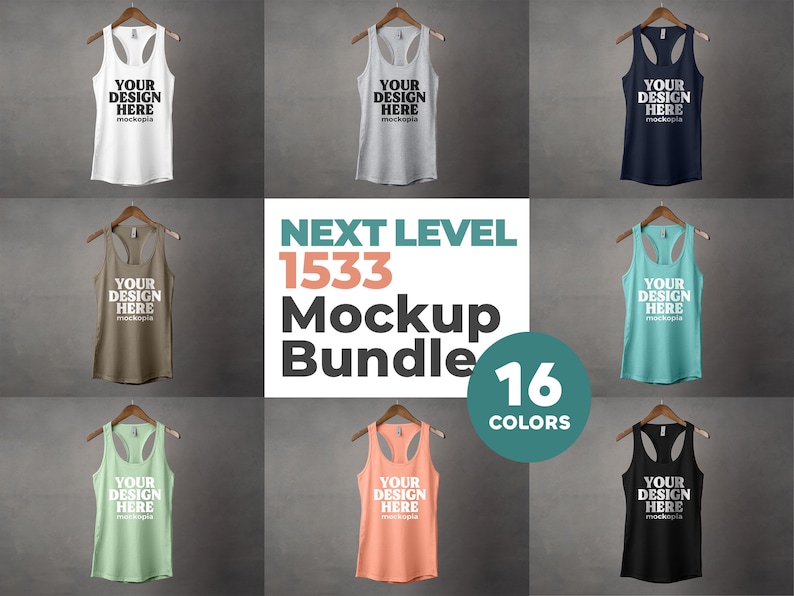 K&ouml;nnte beinhalten: Ein Mockup-Paket mit 16 verschiedenen Tanktops in unterschiedlichen Farben. Jedes Tanktop hat den Text "YOUR DESIGN HERE" auf der Vorderseite.