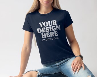Gildan 5000B Navy Mockup, Navy Gildan 5000B Baby Tee Model Mockup, G500B Woman Mockup, Real Model Studio Mockup