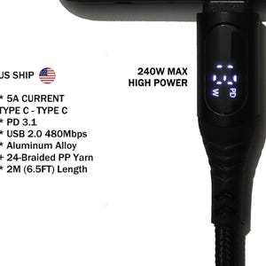 May include: Black USB-C to USB-C charging cable with a digital display. Features include 5A current, PD 3.1, USB 2.0, and a 2-meter (6.5 ft) length. The cable is made with aluminum alloy and 24-braided PP yarn. The display shows "20W".