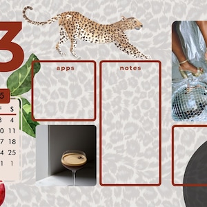 May include: A calendar for January 2025 with the number 03 highlighted in a brown circle. The calendar is surrounded by various images including a leopard, a disco ball, a cocktail, and a billiard ball.