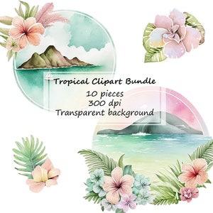 10 Watercolor Tropical Clipart png with transparent background