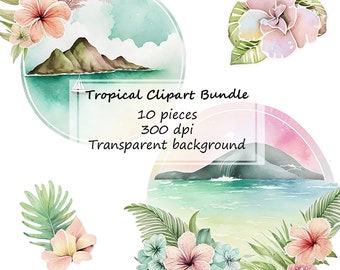 10 Watercolor Tropical Clipart png with transparent background