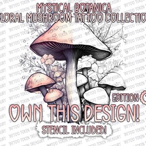Champignon floral impression numérique/tatouage Design pochoir Clipart, billet de tatouage & Design, impression PNG/JPG, tatouage PNG-Mystical Botanica Edition #1