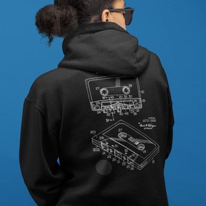 Music Cassette Tape Hoodie, Patent Retro Blueprint 1973 Cassette Recorder, dark colors, Hooded Sweatshirt, Music Lovers and Audiophile Gift