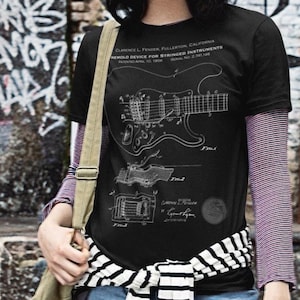 Strat-style Guitar Patent T-Shirt, Retro Tremolo Blueprint, Softstyle Unisex, Gear Head, Music Fan and Guitarist Gift, Patent 1956